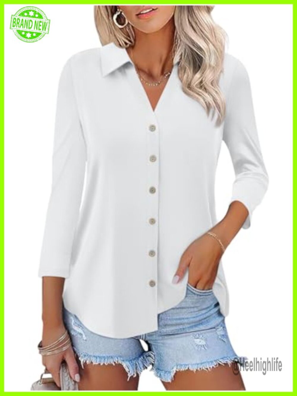 Womens Button Down Shirt 3/4 Sleeve V-Neck Cotton Blend Casual Top